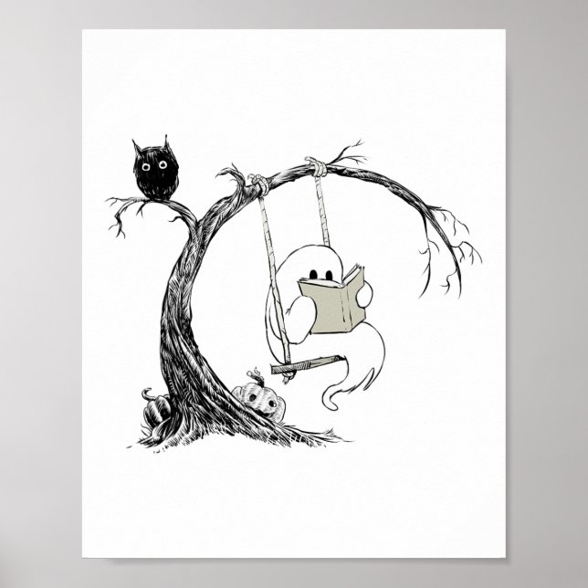 Cute Ghost Swinging Reading Bok Halloween Ghost C Poster (Framsidan)