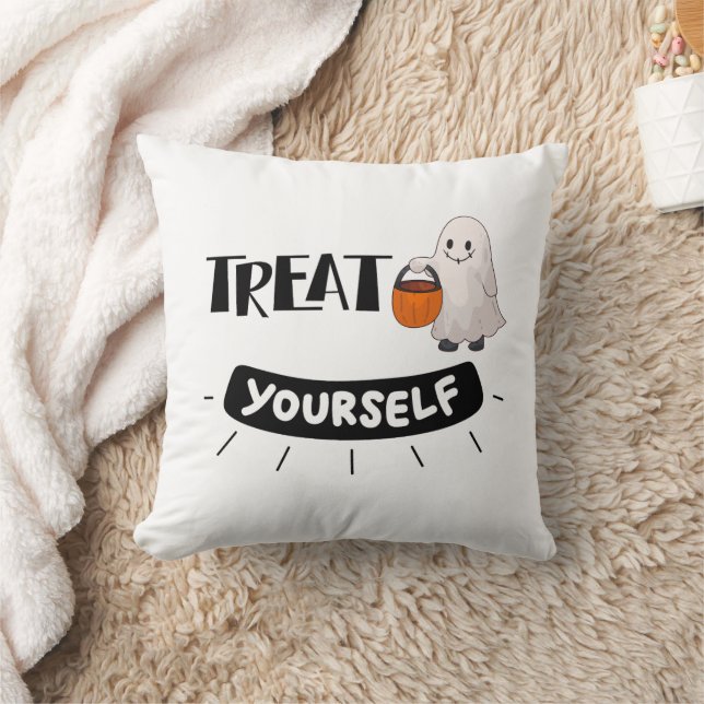 Cute Ghost “Treat Yourself” Pillow Halloween Theme Kudde (Filt)