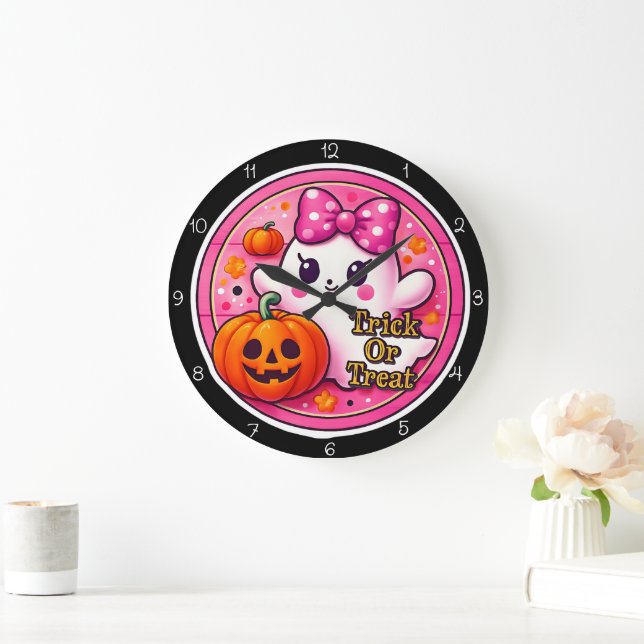 Cute Ghost Trick Or Treat Fun Stor Klocka (Hem)