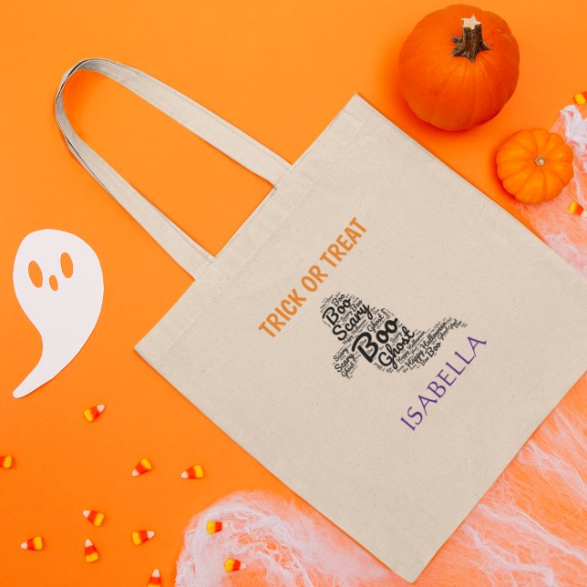 Cute Ghost Typography Bus eller godis Tote Bag Tygkasse (Boooo!
Editable Text and Name.
Happy Halloween!)