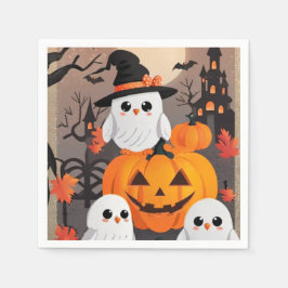 Cute Ghost Uggla & Pumpkins Spooky Halloween Pappersservett