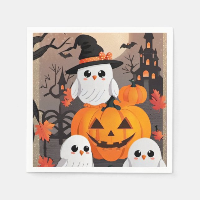 Cute Ghost Uggla & Pumpkins Spooky Halloween Pappersservett (Framsidan)