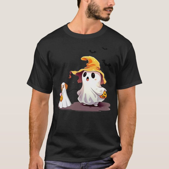 Cute Ghost Walking Dog Ghost Dog Halloween Night F T Shirt (Framsida)