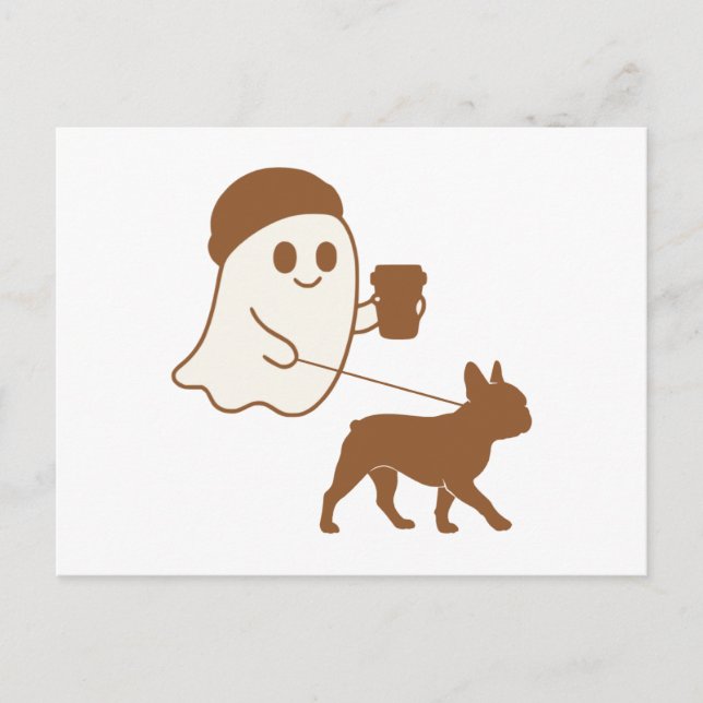 Cute Ghost Walking Frenchie Helg Vykort (Framsida)
