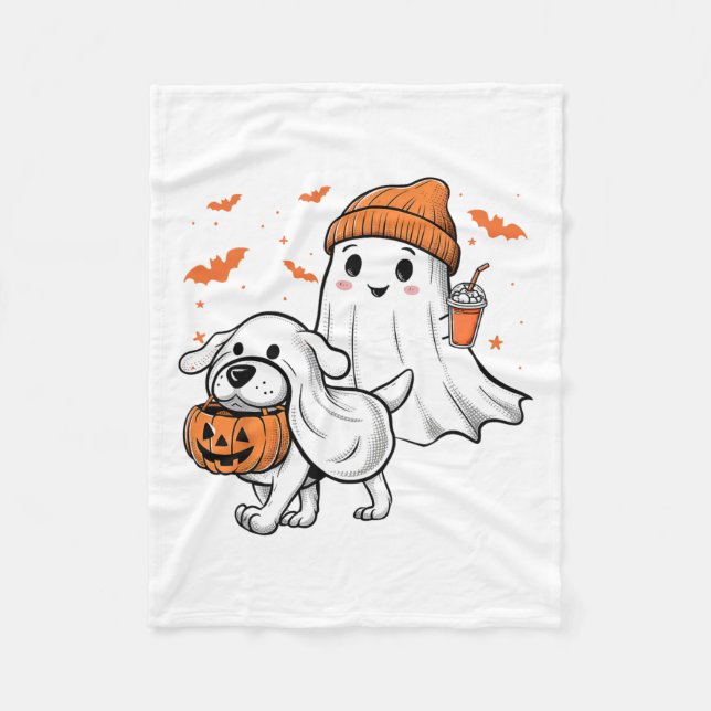 Cute Ghost Walking Hund Coquette Bow Halloween Hun Fleecefilt (Framsidan)