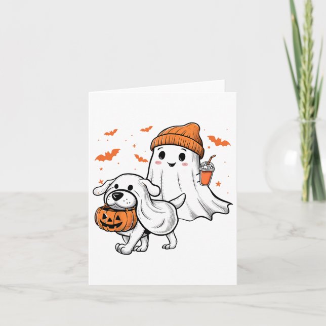 Cute Ghost Walking Hund Coquette Bow Halloween Hun Kort (Framsida)