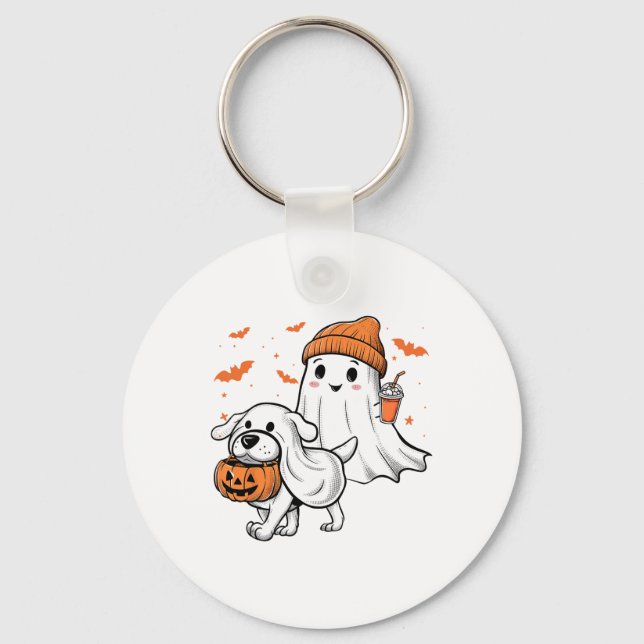 Cute Ghost Walking Hund Coquette Bow Halloween Hun Nyckelring (Framsida)