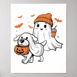 Cute Ghost Walking Hund Coquette Bow Halloween Hun Poster