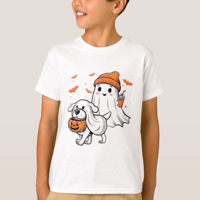 Cute Ghost Walking Hund Coquette Bow Halloween Hun T Shirt (Framsida)