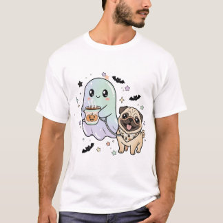 Cute Ghost Walking Hund Pug Coffee Halloween Costu T Shirt