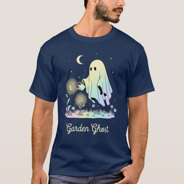 Cute Ghost Watering Magical Flowers T-shirt (Framsida)