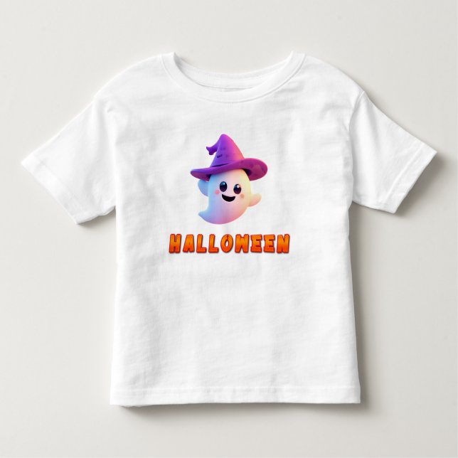 Cute Ghost Wearing Lila Witch Hat T Shirt (Framsida)