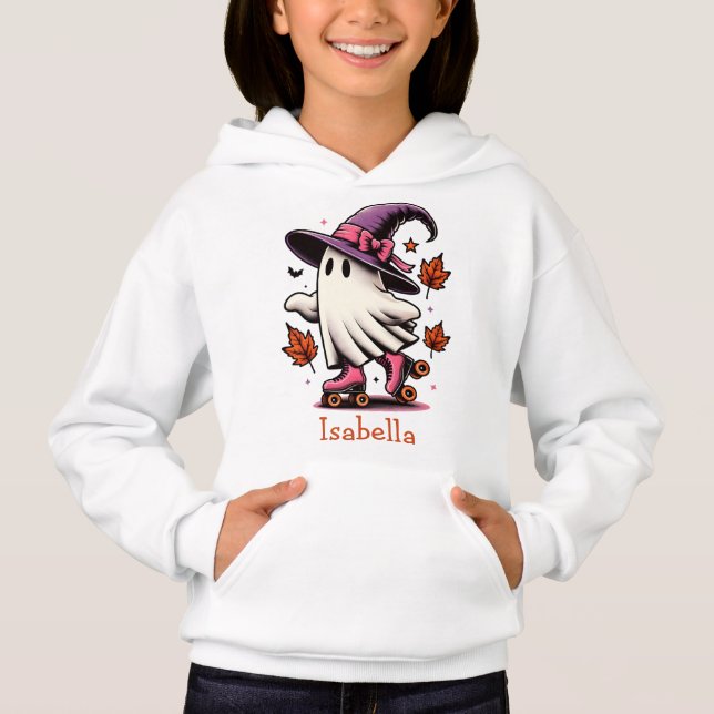 Cute Ghost Witch Hat Roller Skating Halloween T Shirt (Framsida)