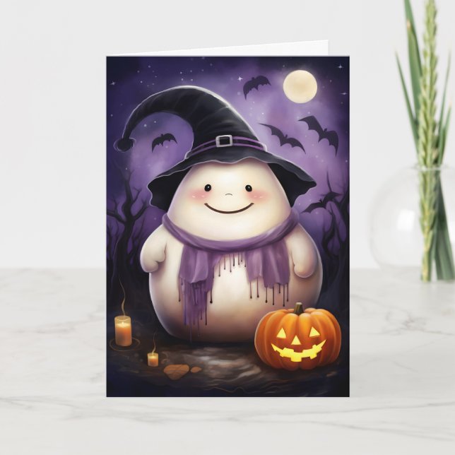 Cute Ghost Witch Illustration Halloween Kort (Framsida)
