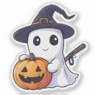 Cute Ghost Witch med Jack-o-Lantern Klistermärken
