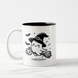 Cute Ghost Witch with Pumpkin & Broom | Two-Sided Två-Tonad Mugg