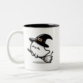 Cute Ghost Witch with Pumpkin & Broom | Two-Sided Två-Tonad Mugg