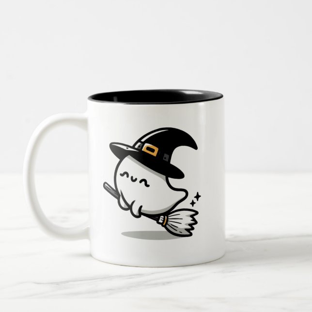 Cute Ghost Witch with Pumpkin & Broom | Two-Sided  Två-Tonad Mugg (Vänster)