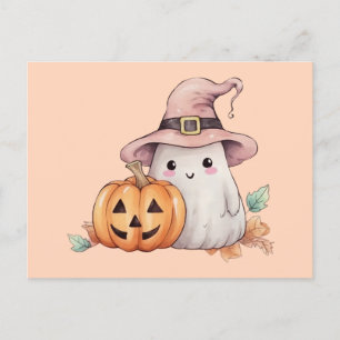 Cute Ghost Witches Hat Jack-O'Lantern Halloween Helg Vykort