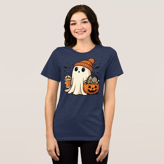 Cute Ghost with Candy & Pumpkin Drink T Shirt (Framsida Full)