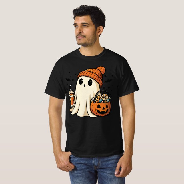 Cute Ghost with Candy & Pumpkin Drink T Shirt (Hel framsida)