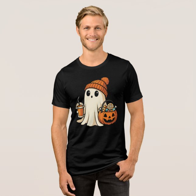 Cute Ghost with Candy & Pumpkin Drink T Shirt (Framsida Full)