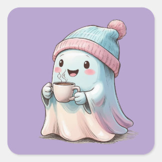 Cute Ghost with Coffee Fyrkantigt Klistermärke