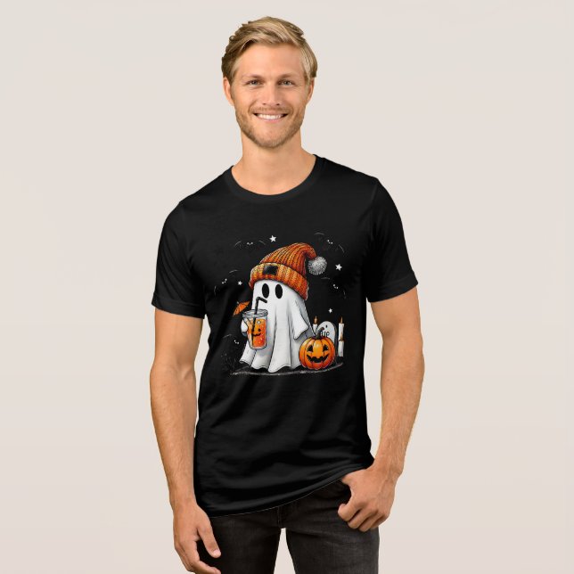 Cute Ghost with Drink and Pumpkin Art T Shirt (Framsida Full)