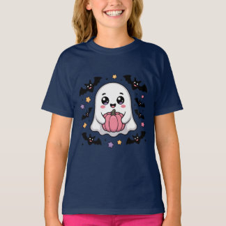 Cute Ghost with Pumpkin and Bats  T Shirt