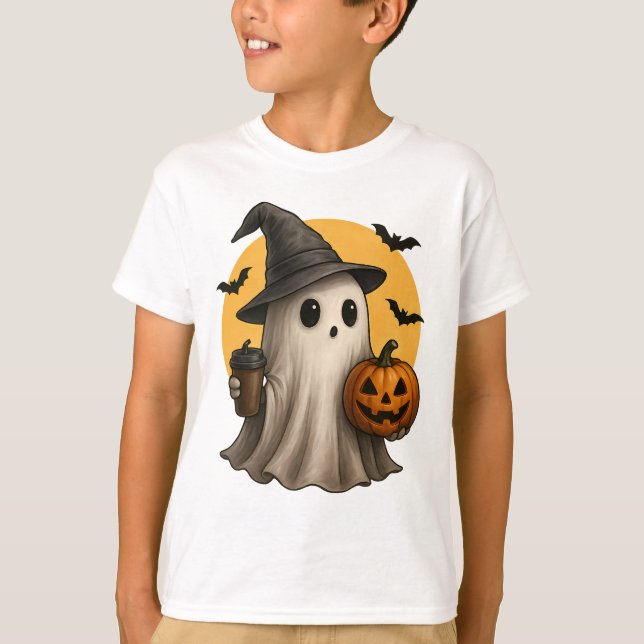 Cute Ghost with Pumpkin Halloween T-Shirt 👻 (Framsida)