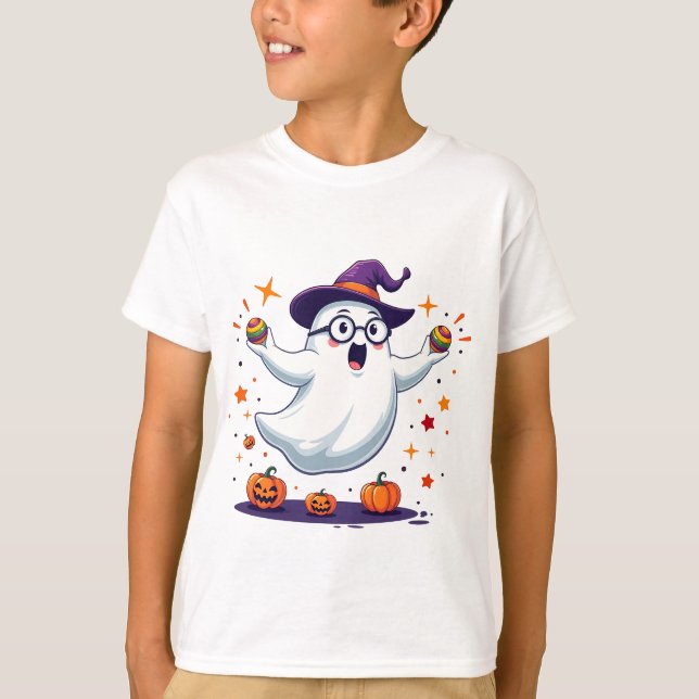 Cute Ghost with Pumpkins Halloween T Shirt (Framsida)