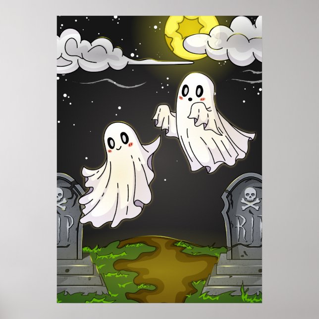 Cute Ghosts Flying in Moonlit Graveyard Halloween Poster (Framsidan)