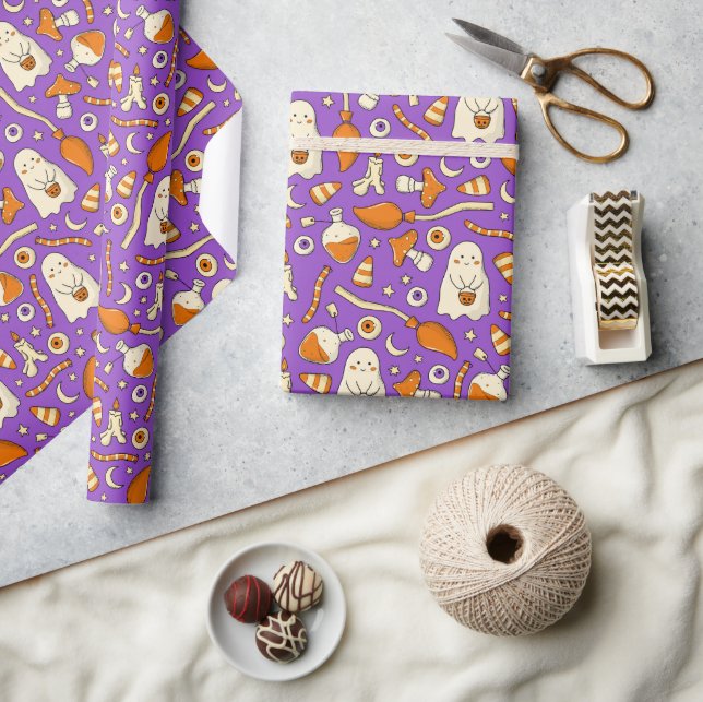 Cute ghosts Halloween Elegant purple Orang Presentpapper (Hantverk)