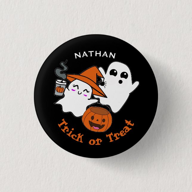 Cute Ghosts Trick or Treat Personalised Halloween Knapp (Framsida)