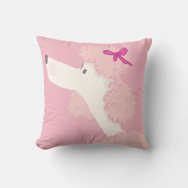 Cute, giftig rosa och vit pudel med shock rosa båg kudde (Framsida)