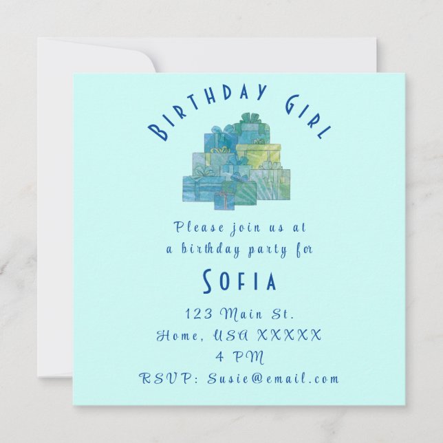 Cute Gifts for Birthday Girl Blue Grönt Inbjudningar (Framsida)