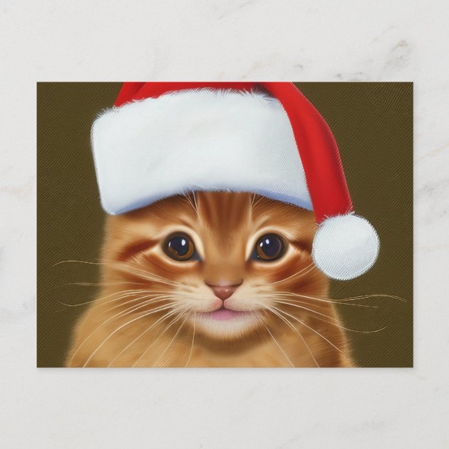 Cute Ginger Cat Ansikte med Santa Hat på Helg Vykort (Framsida)