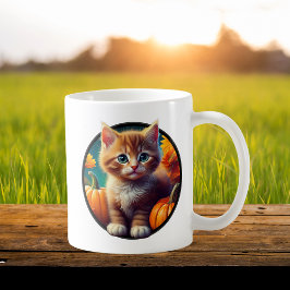 Cute Ginger Cat Autumn Harvest Pumpkins Kaffemugg