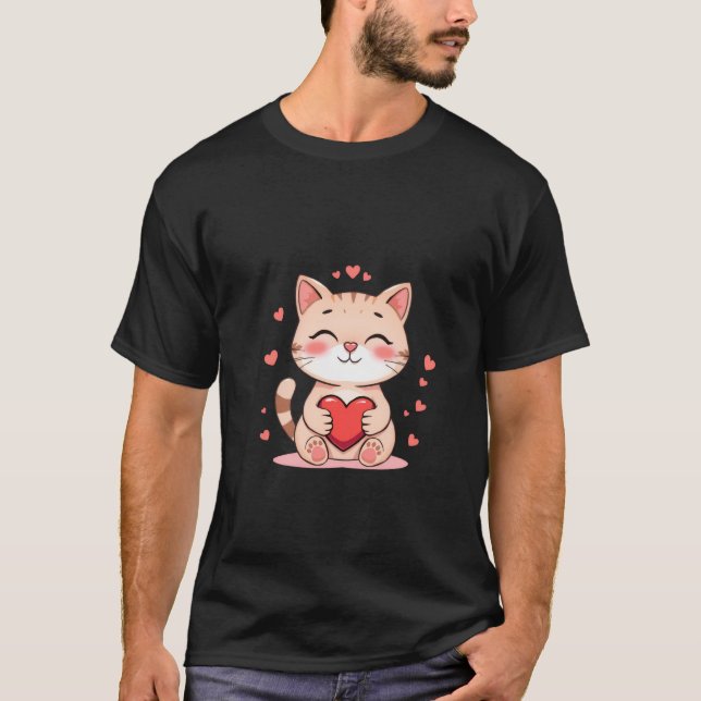 Cute Ginger Cat Hugging Red Heart Love Art ✨🐾❤️ T Shirt (Framsida)