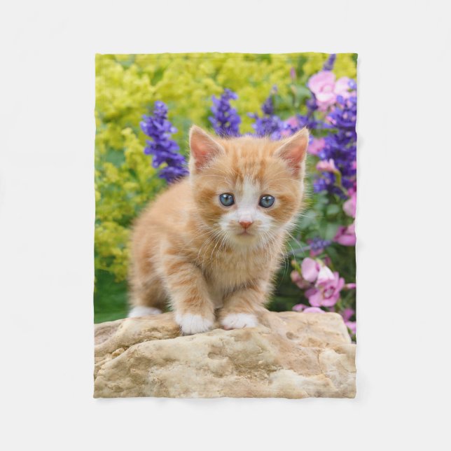 Cute Ginger Cat Kitten Flowery Garden bekvämt Fleecefilt (Framsidan)