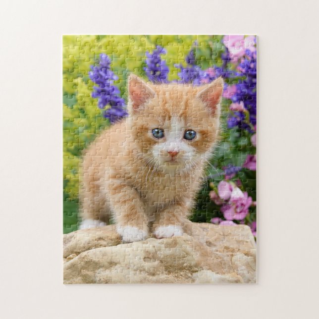 Cute Ginger Cat Kitten i Flowery Garden _ Game Pussel (Vertikal)