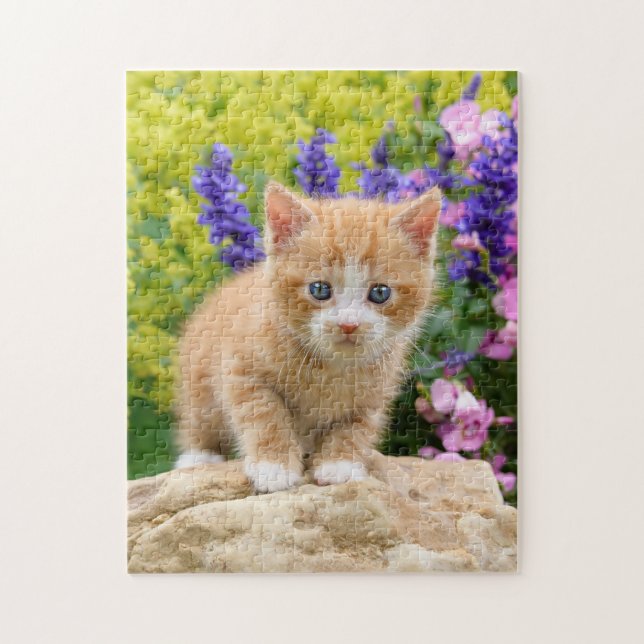 Cute Ginger Cat Kitten i Flowery Garden _ Pussel (Vertikal)