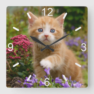 Cute Ginger Cat Kitten i Garden Foto-uppringningss Fyrkantig Klocka