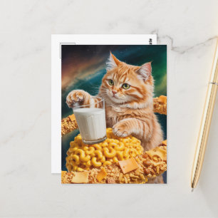 Cute Ginger Cat med Mjölk i rymden Vykort