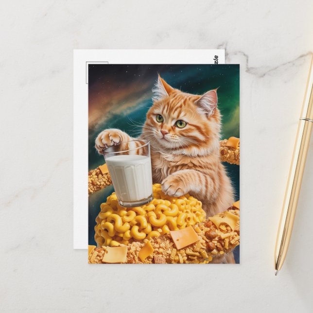 Cute Ginger Cat med Mjölk i rymden Vykort (Fram/Back In Situ)