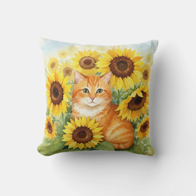 Cute Ginger Cat med solblommor Pillow Kudde (Framsida)