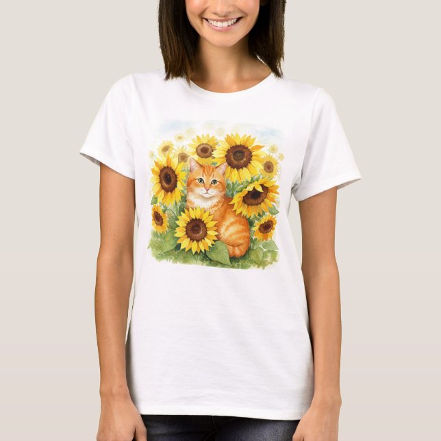 Cute Ginger Cat Sunblommor T-Shirt (Framsida)
