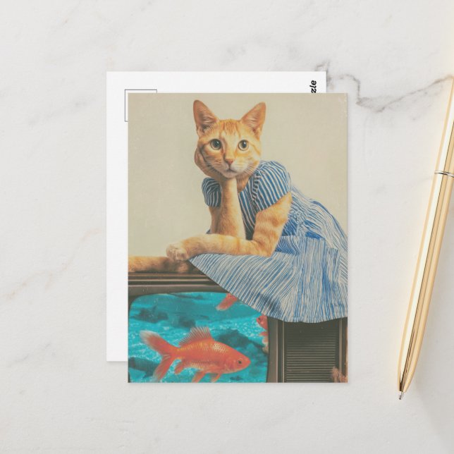 Cute Ginger Cat With Goldfish Retro Collage Vykort (Fram/Back In Situ)