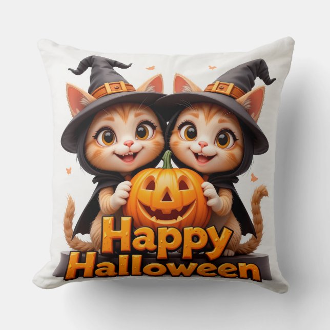 Cute Ginger Cats in Witch Hats Halloween Pumpkins Kudde (Framsida)