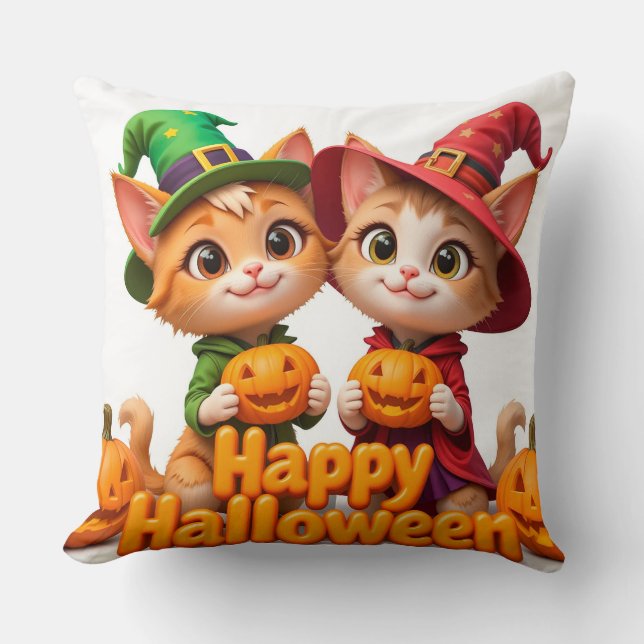 Cute Ginger Cats in Witch Hats Halloween Pumpkins Kudde (Framsida)